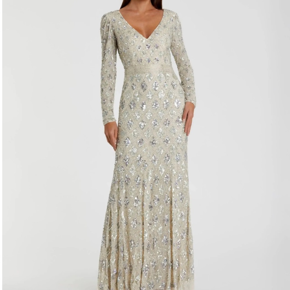 MacDuggal Geometric Embellished Silver Sequin Evening Gown